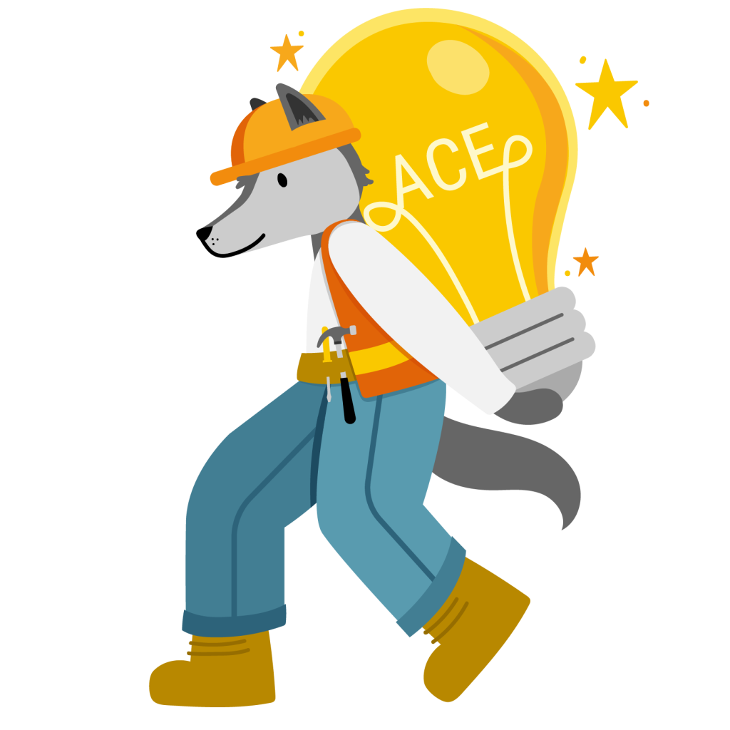 Wolf carrying a lightbulb with the word "ACE" on it.