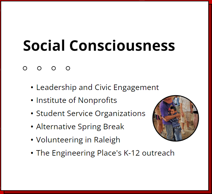 Social Consciousness. Leadership and Civic Engagement. Institute of Nonprofits. Student Service Organizations. Alternative Spring Break. Volunteering in Raleigh. The Engineering Place's K-12 outreach